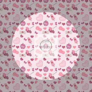 May include: A seamless pattern featuring pink hearts, disco balls, bows, and envelopes with the word "love" on a light pink background.