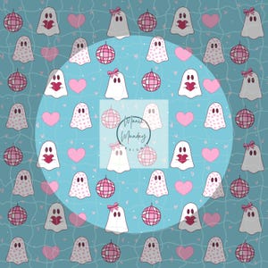 May include: A seamless pattern featuring white ghosts with pink hearts and disco balls on a light blue background. The pattern is perfect for fabric, wallpaper, or wrapping paper.