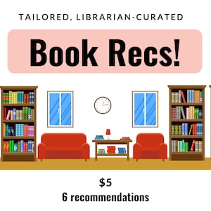 Könnte beinhalten: Eine grafische Illustration eines Bibliotheksinnenraums mit Bücherregalen, die mit bunten Büchern gefüllt sind. Der Text "Book Recs!" wird in einem rosa Rechteck oben im Bild angezeigt. Der Text "5 € 6 Empfehlungen" wird unten im Bild angezeigt.