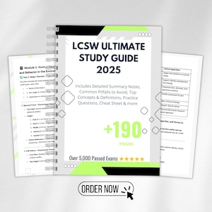 May include: LCSW Ultimate Study Guide 2025. A spiral-bound study guide with the title in large, bold text. The cover includes detailed summary notes, practice questions, and a cheat sheet. The guide has over 190 pages and is designed for LCSW exam preparation.