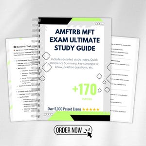 Puede incluir: Una guía de estudio con espiral titulada "AMFTRB MFT EXAM ULTIMATE STUDY GUIDE" con el texto "+170 PAGES". La guía incluye notas de estudio detalladas y resúmenes rápidos. También es visible la frase "ORDER NOW".