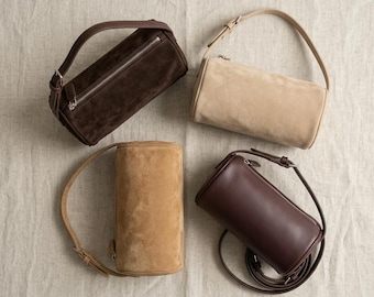 Minimalist Hobo Bag for Women | Suede Barrel Purse | Small Designer Style Handbag | Chic Everyday Bag | Unique Gift for Her