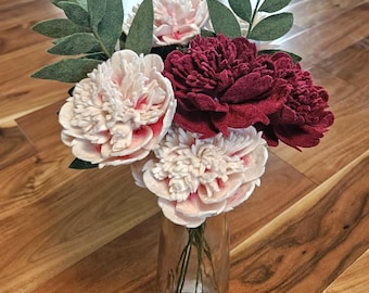 Peonías de fieltro realistas, ramo de flores de lana hecho a mano, regalo de decoración floral para el hogar