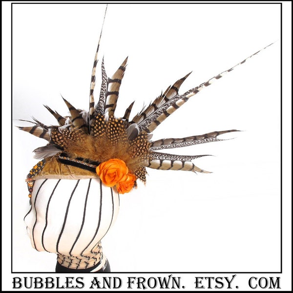Tribal Crown.... Autumn Colored Mohawk Hat with Pheasant Feathers and Amber Velvet