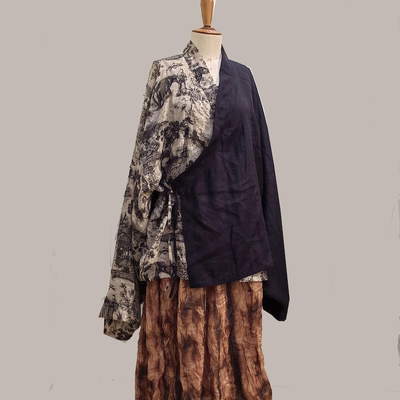 Color Block Ramie Hanfu Kimono Jacket: Lightweight Long Sleeve Top image 2