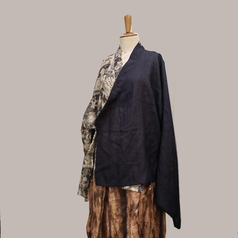 Color Block Ramie Hanfu Kimono Jacket: Lightweight Long Sleeve Top image 4