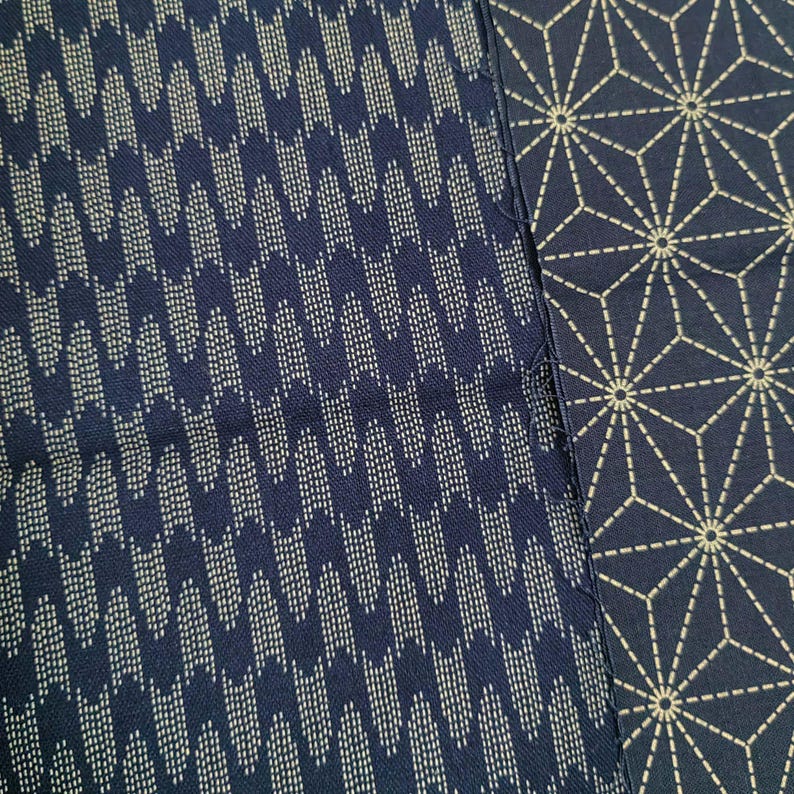May include: Two pieces of blue fabric with white geometric patterns. The fabric on the left has a repeating pattern of small white dots forming a chevron design. The fabric on the right has a repeating pattern of white stars with a geometric design.