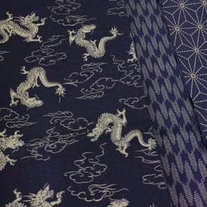 May include: A dark blue fabric with a white dragon pattern. The fabric has a repeating pattern of dragons flying through clouds. The fabric is bordered by a white and blue geometric pattern.