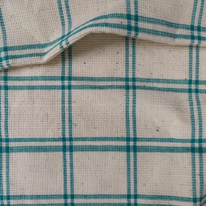 May include: A white kitchen towel with a teal checkered pattern. The towel is folded in half and has a textured surface.