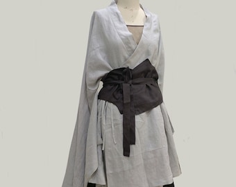 Linen Hanfu Kimono Jacket: Loose Fit Long Sleeve Top with Belt