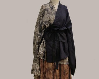 Color Block Ramie Hanfu Kimono Jacket: Lightweight Long Sleeve Top