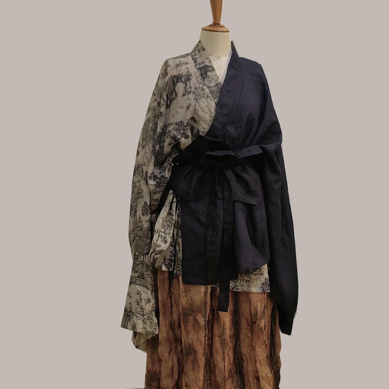 Color Block Ramie Hanfu Kimono Jacket: Lightweight Long Sleeve Top image 1