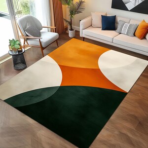 Abstract Shapes Shades Green Orange Modern Area Rug, Boho Dorm Decor, Modern Art, Contemporary Rug, Living Room Decor, Orange Details Rug
