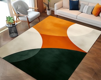 Abstract Shapes Shades Green Orange Modern Area Rug, Boho Dorm Decor, Modern Art, Contemporary Rug, Living Room Decor, Orange Details Rug