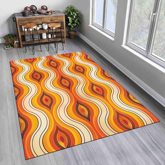 Orange Retro Mid Century Rug, Geometric Design Area Rug, Vintage Inspired Floor Mat, Boho Chic Home Accent, Eye-catching Decor