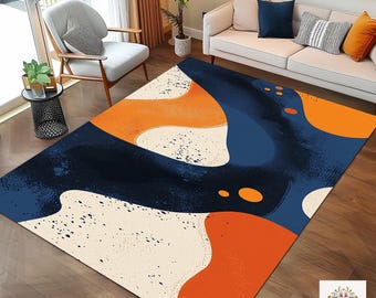 Orange Blue Retro Mid Century Rug, Geometric Design Area Rug, Vintage Inspired Floor Mat, Boho Chic Home Accent, Eye-catching Decor