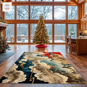 May include: A rectangular rug with a cloud design in blue, gold, red, and cream. The rug is on a wooden floor in a room with a Christmas tree and large windows overlooking a snowy landscape. The rug's design features stylized clouds and lightning bolts.