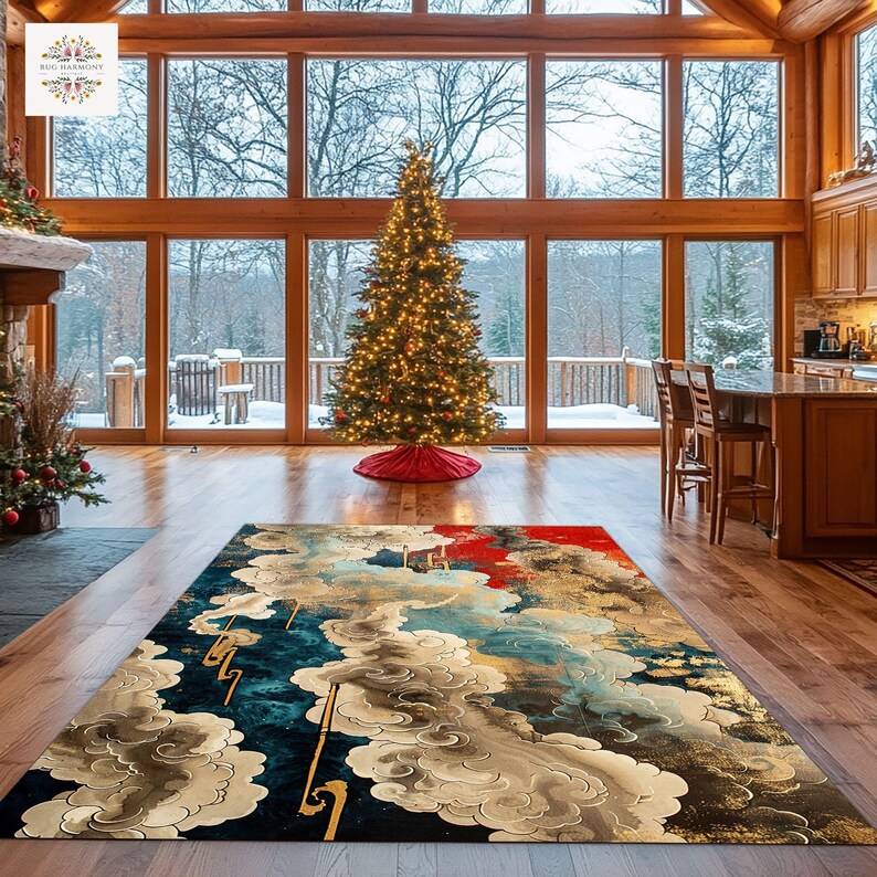 May include: A rectangular rug with a cloud design in blue, gold, red, and cream. The rug is on a wooden floor in a room with a Christmas tree and large windows overlooking a snowy landscape. The rug's design features stylized clouds and lightning bolts.
