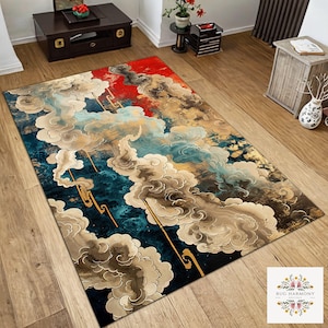 May include: A rectangular rug with an artistic design. The rug features swirling clouds in white, gold, blue, and brown against a red and dark blue background. The design evokes movement and depth. The rug is suitable for a living room or bedroom.