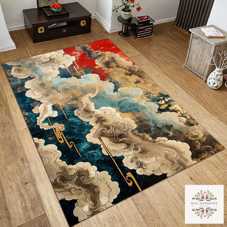 May include: A rectangular rug with an artistic design. The rug features swirling clouds in white, gold, blue, and brown against a red and dark blue background. The design evokes movement and depth. The rug is suitable for a living room or bedroom.