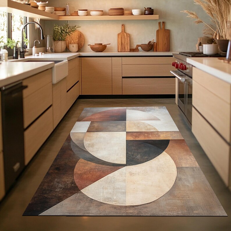 Abstract Shapes Shades Brown Modern Area Rug, Boho Dorm Decor, Modern ...