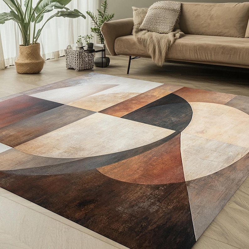 Abstract Shapes Shades Brown Modern Area Rug, Boho Dorm Decor, Modern ...