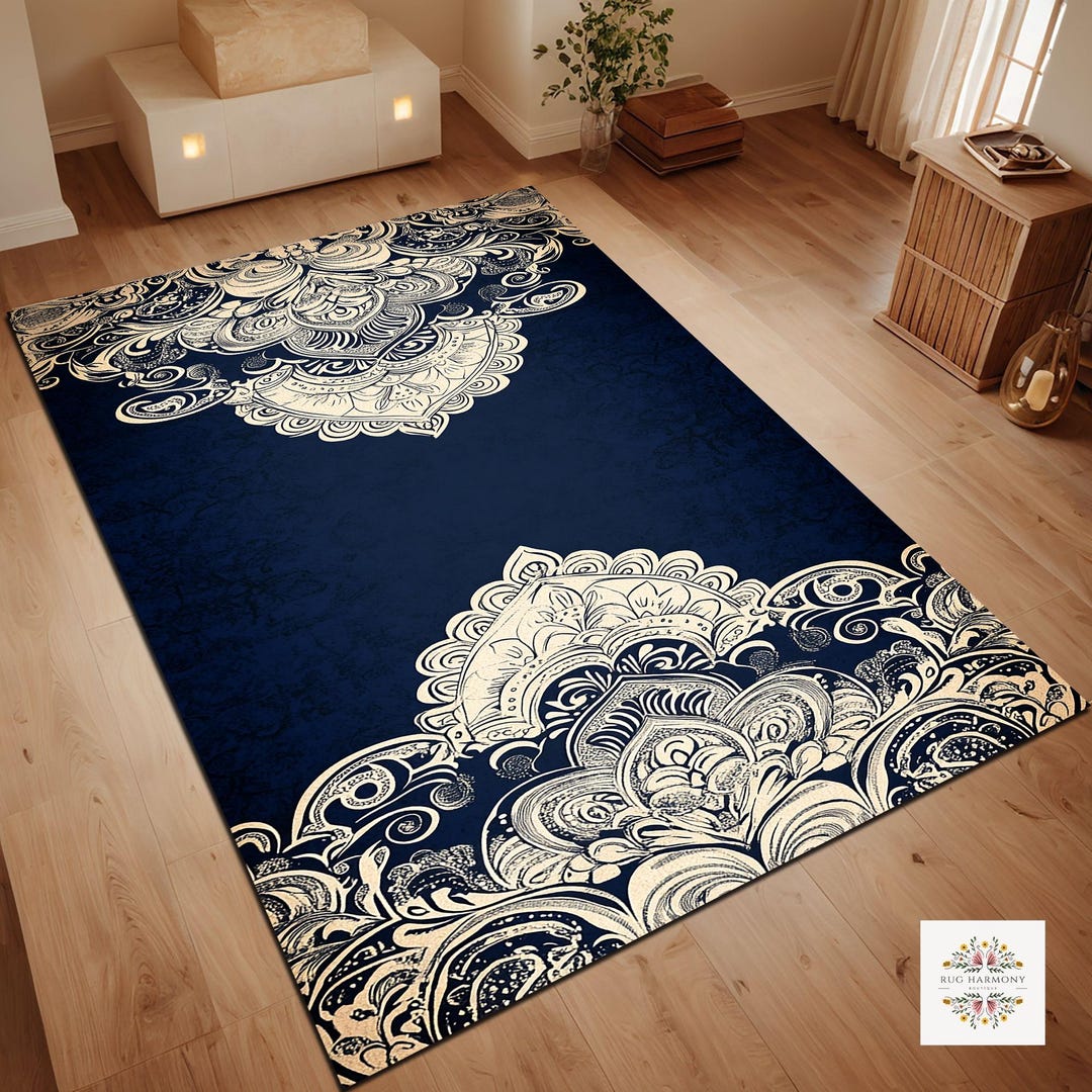 Blue White Abstract Modern Rug, Vintage Distressed Area Rug, Blue White ...