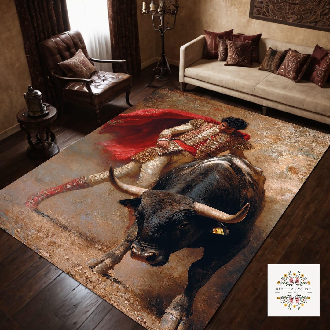 Spanish Matador Rug, Red Yellow Large Wall Rugs, Bull Matador Themed ...