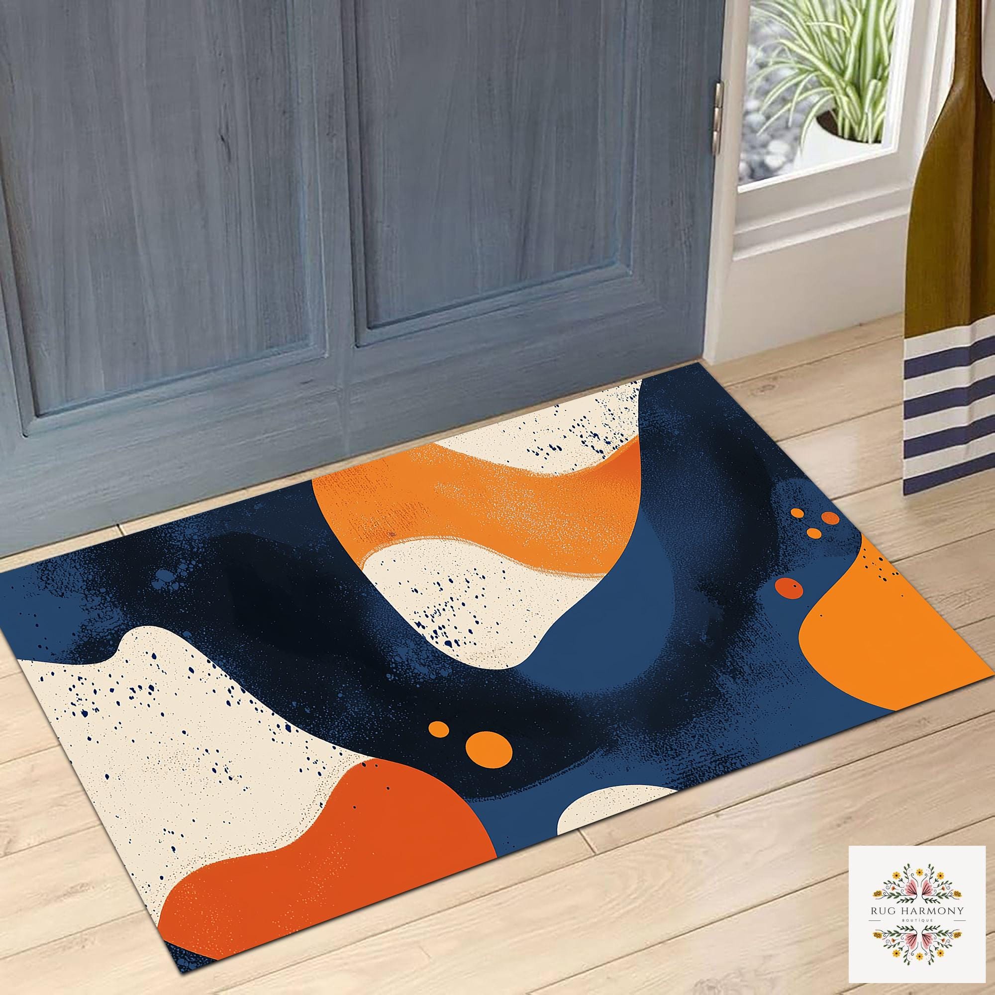 Orange Blue Retro Mid Century Rug, Geometric Design Area Rug, Vintage ...