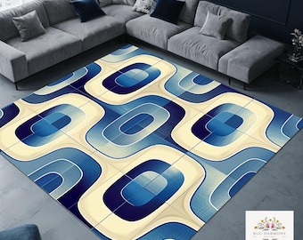 Blue White Mid Century Rug, Geometric Design Area Rug, Vintage Inspired Floor Mat, Boho Chic Home Accent, Eye-catching Decor
