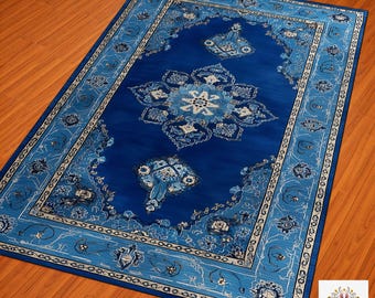 Royal Blue Living Room Rug | Living Room Indigo Home Decor Rustic Aesthetic Dark Cottagecore Bedroom Boho Floor Mat for Dining Room Boho
