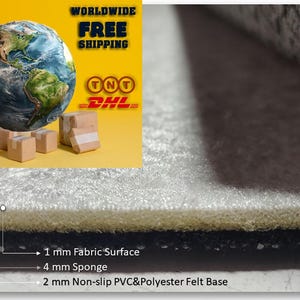 May include: A layered textile sample with a 1 mm fabric surface, a 4 mm sponge layer, and a 2 mm non-slip PVC & polyester felt base. The image also shows a globe and shipping logos.