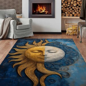Zon en maan tarotkleed, fantasie ruimtetapijt, magisch tapijt, tarotkaartkleed, tarotkleed, tarotkleed, tekenkunst tarotkaartkleed, mystiek tapijt