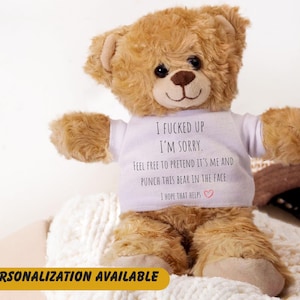 May include: A plush, light brown teddy bear wearing a white t-shirt with the text "I FUCKED UP I'M SORRY. FEEL FREE TO PRETEND IT'S ME AND PUNCH THIS BEAR IN THE FACE. I HOPE THAT HELPS". The bear is sitting on a white knitted blanket.