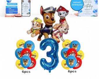 Paw Patrol Geburtstagsparty-Set Set | Ballon-Kit, Dekorationen, bearbeitbare Einladung (Digitaler Download)
