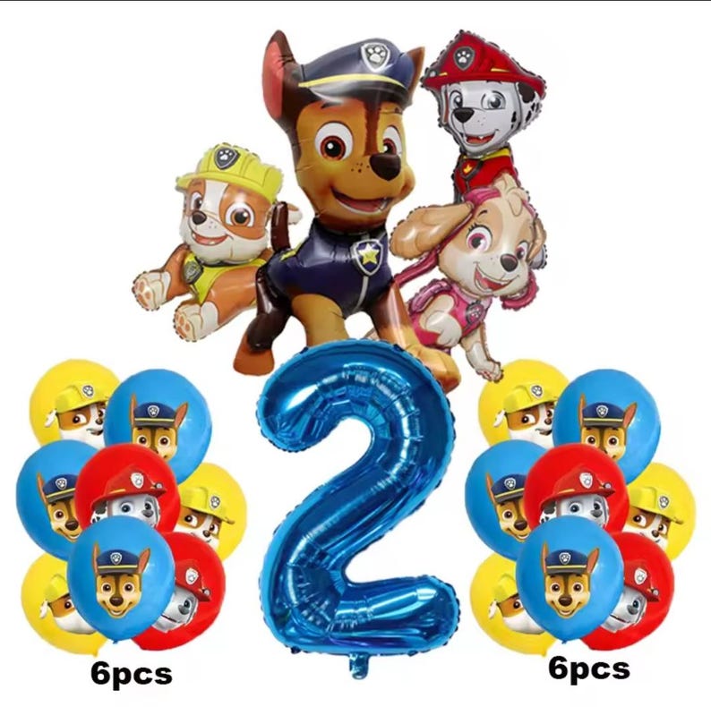 K&ouml;nnte beinhalten: Eine Sammlung von Partydekorationen zum Thema Paw Patrol. Enth&auml;lt Folienballons in Form der Zahl 2, ballonf&ouml;rmige Charaktere und runde Ballons mit Gesichtern von Charakteren. Der Text "6pcs" ist sichtbar.