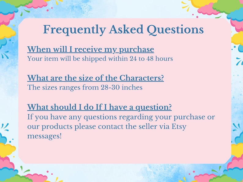 K&ouml;nnte beinhalten: Eine rosa rechteckige Grafik mit dem Text "Frequently Asked Questions" in Blau. Der Text enth&auml;lt Fragen zu Versandzeiten und Zeichengr&ouml;&szlig;en, die zwischen 71 und 76 cm liegen. Kontaktieren Sie den Verk&auml;ufer &uuml;ber Etsy-Nachrichten.