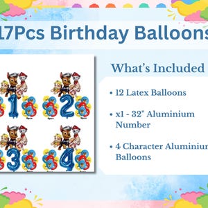 K&ouml;nnte beinhalten: Ein Set von 17 Geburtstagsballons, darunter Latexballons, Charakterballons und ein 81 cm gro&szlig;er Zahlenballon. Das Bild zeigt die Zahlen 1, 2, 3 und 4 mit Charakterdesigns, ideal f&uuml;r eine Geburtstagsfeier.