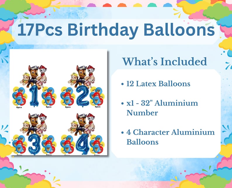 K&ouml;nnte beinhalten: Ein Set von 17 Geburtstagsballons, darunter Latexballons, Charakterballons und ein 81 cm gro&szlig;er Zahlenballon. Das Bild zeigt die Zahlen 1, 2, 3 und 4 mit Charakterdesigns, ideal f&uuml;r eine Geburtstagsfeier.