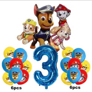 K&ouml;nnte beinhalten: Eine Sammlung von Partydekorationen zum Thema Paw Patrol. Enth&auml;lt Folienballons in Form der Zahl 3 und Charakterballons von Chase, Marshall, Skye und Rubble. Enth&auml;lt auch Sets mit 6 runden Ballons mit Gesichtern der Charaktere.