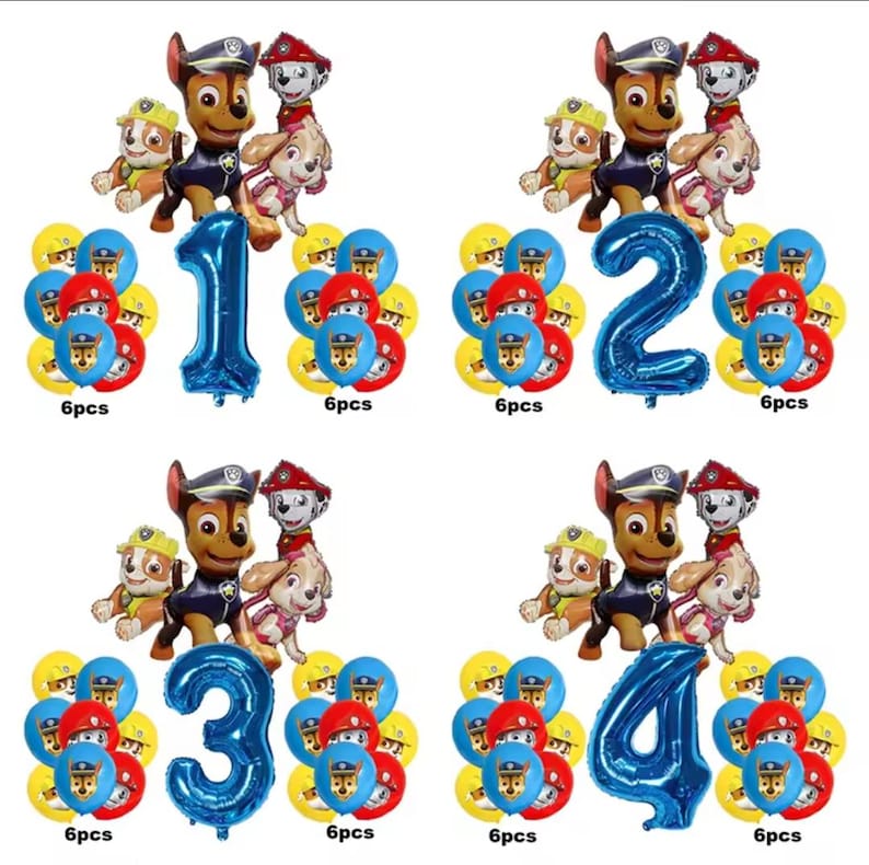 K&ouml;nnte beinhalten: Eine Sammlung von Paw Patrol-Geburtstagsdekorationen. Das Bild zeigt Folienballons in Form der Zahlen 1, 2, 3 und 4, zusammen mit Charakterballons und Sets mit sechs runden Ballons in Rot, Gelb und Blau.