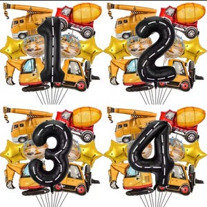 Puede incluir: Cuatro globos de números negros con contornos blancos, cada uno rodeado de globos de vehículos de construcción amarillos, incluyendo mezcladoras de cemento y grúas. Los números son 1, 2, 3 y 4.