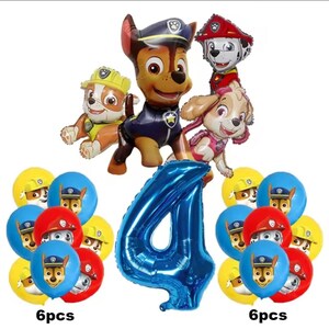 K&ouml;nnte beinhalten: Eine Sammlung von Partydekorationen zum Thema Paw Patrol. Enth&auml;lt Folienballons in Form der Zahl 4 und ballonf&ouml;rmige Charaktere. Es gibt auch mehrere runde Luftballons mit Paw Patrol-Gesichtern. Der Text "6pcs" ist sichtbar.