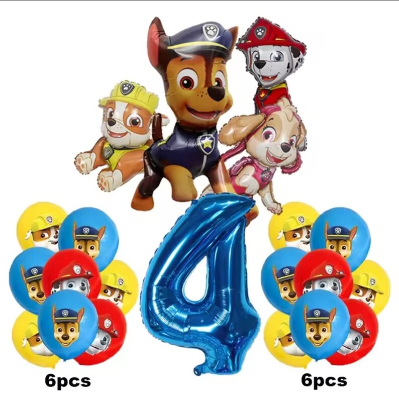 K&ouml;nnte beinhalten: Eine Sammlung von Partydekorationen zum Thema Paw Patrol. Enth&auml;lt Folienballons in Form der Zahl 4 und ballonf&ouml;rmige Charaktere. Es gibt auch mehrere runde Luftballons mit Paw Patrol-Gesichtern. Der Text "6pcs" ist sichtbar.