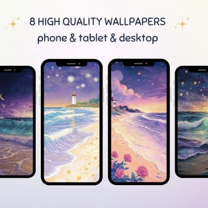Starry Night Beach Wallpaper Bundle, Purple Ocean, iPad & Phone (Digital Download)