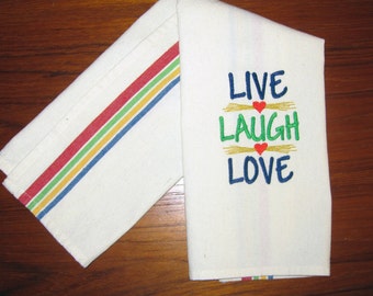 Live Laugh Love Embroidered Multi Color Side Striped Tea Towel