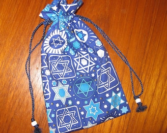 Tiny Tote Drawstring Pouch Purse Organizer Jewish Star of David Design Royal Blue