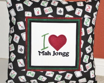 I Love Mah Jongg Embroidered Decorative Pillow Cover 16 inch