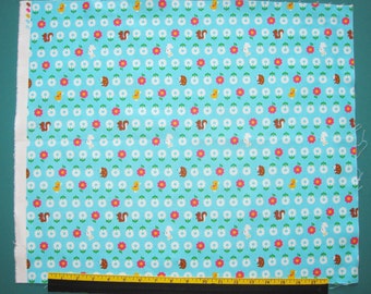 Hedgehog, Duck, Squirrel, Rabbit Design Fabric Destash Remnant 21 Inches Wide by 18 Inches Long Aqua