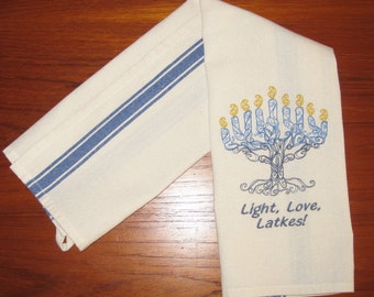 Luz, Amor, Latkes, Hanukkah Bordado Azul Lado De rayas Toalla de té